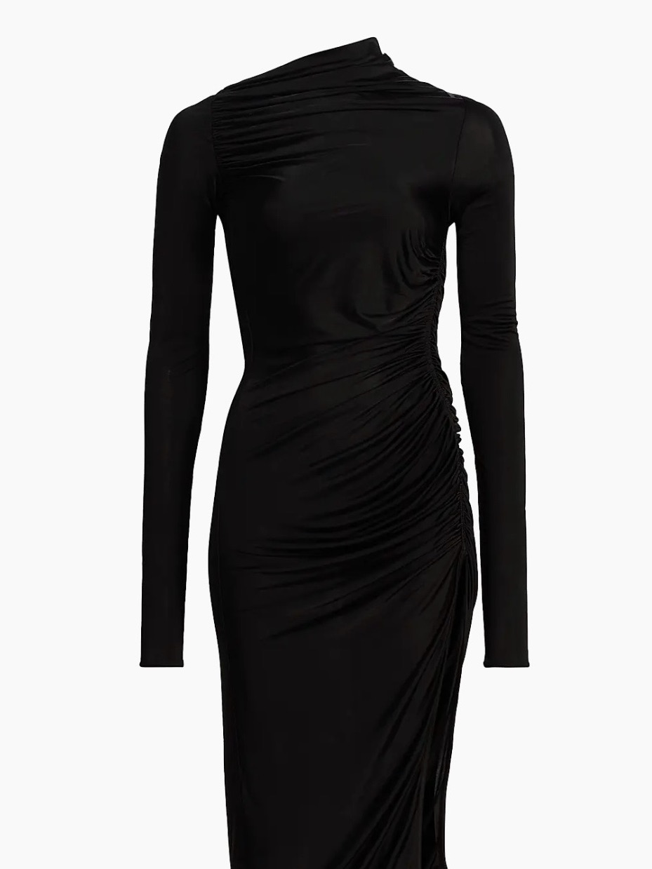 Rick Owens Lilies Black Asymmetrical Ruched Midi Dress With Slit